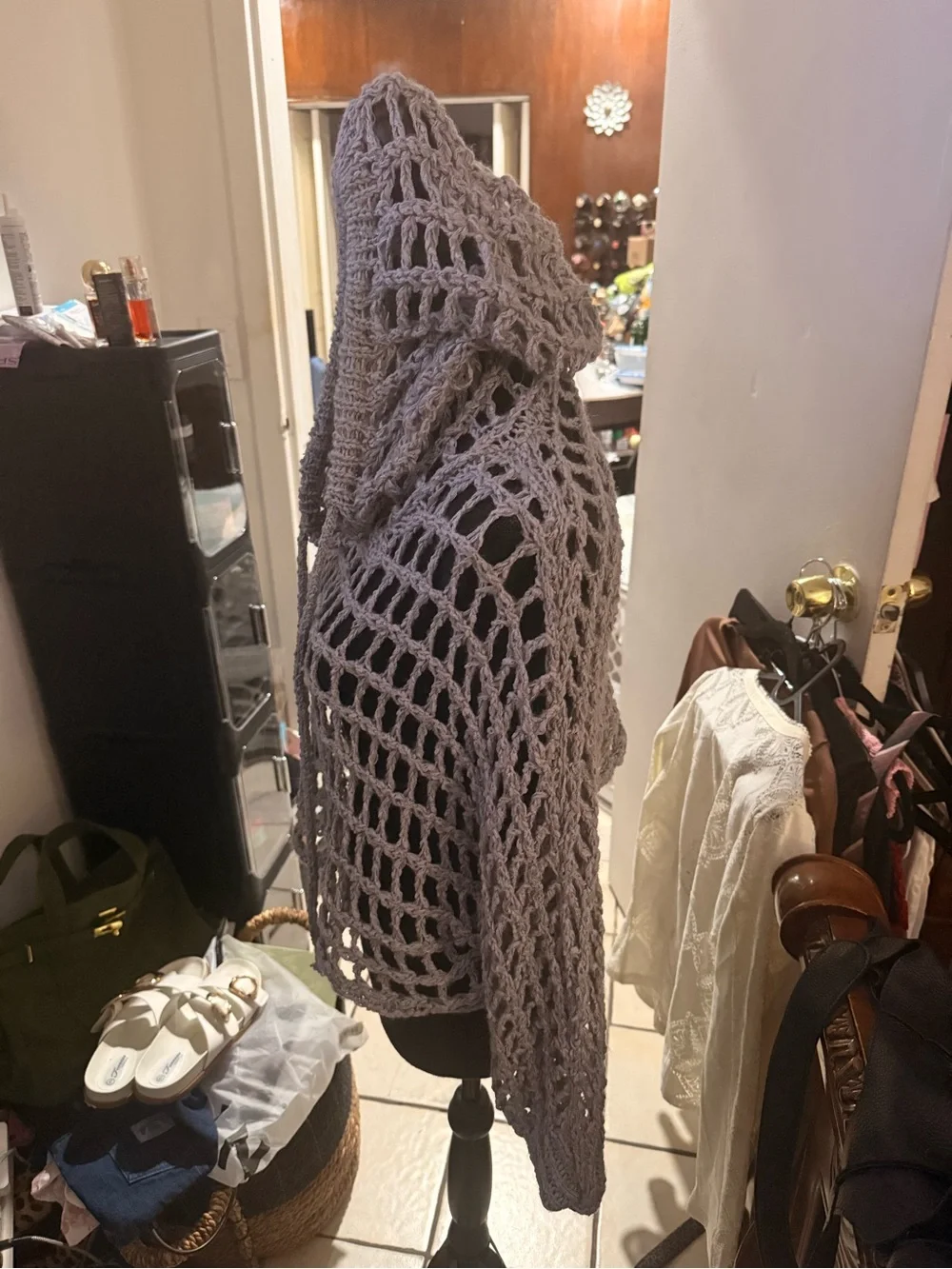 SHEIN Gray Open-Knit Hooded Poncho